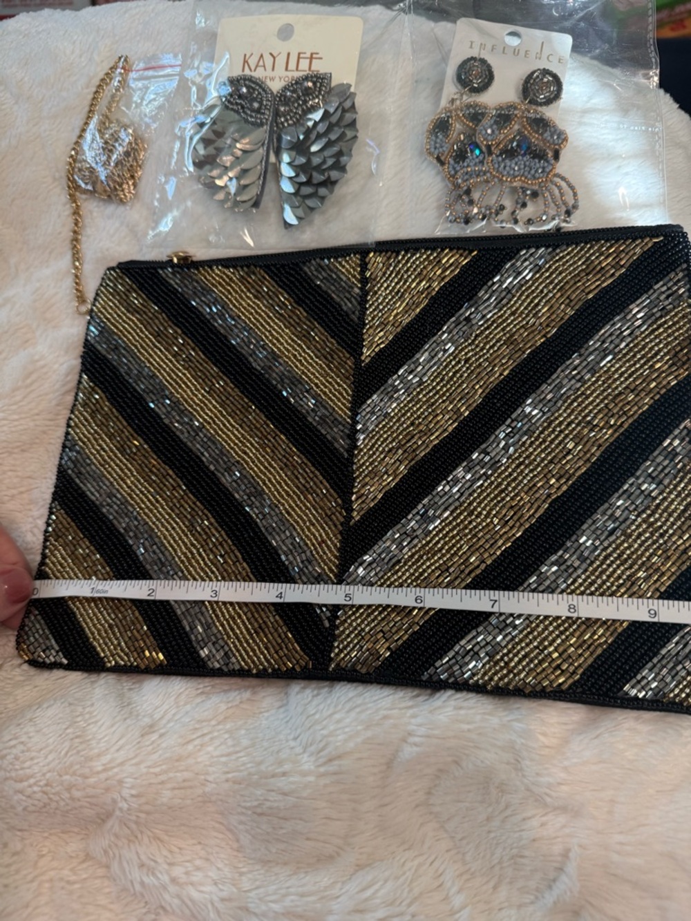 Beaded Black & Gold Evening Clutch Elegant Chevron Design & 2 Pairs of Earrings